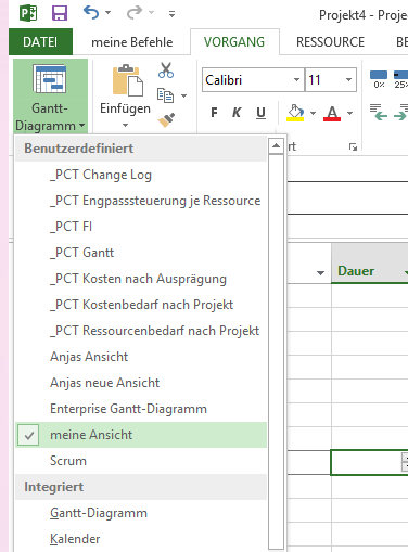 Ansicht aufrufen Dropdown in MS Project 2013