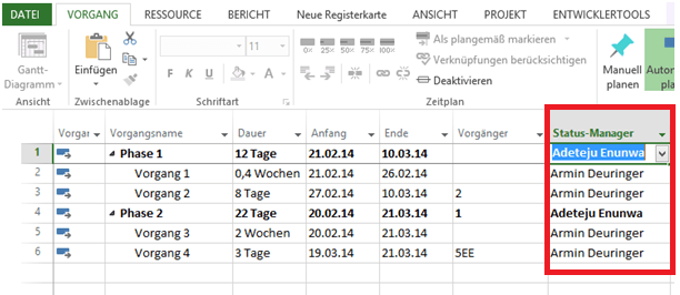 Das Status-Manager Feld -  MS Project Professional  2013